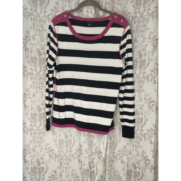 Tommy Hilfiger - Nautical Navy Stripped Sweater - Pink Trim & Button Accents - M - Picture 1 of 6